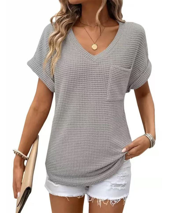 T-Shirt Dam Våffelstickad V-ringning Casual Sommar