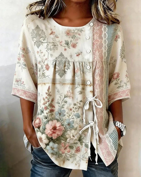 Blus Retro Blommönster Avslappnad