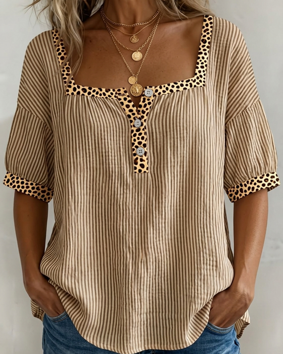 Blus Fyrkantig Hals Kort Ärm Leopard Tryck