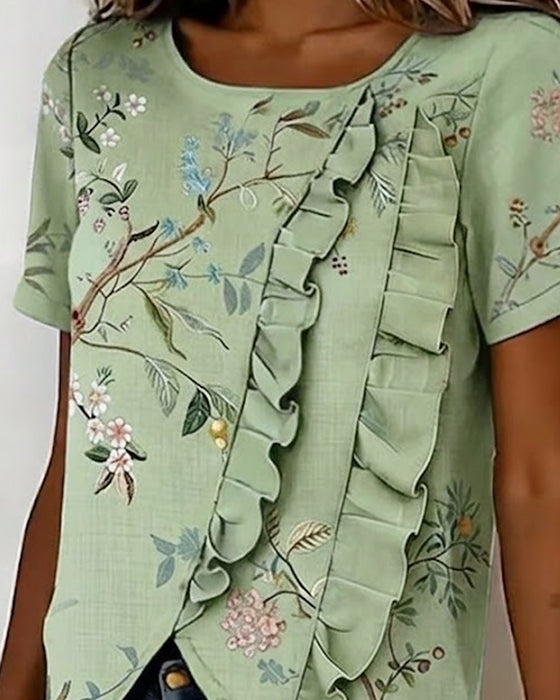 Blus Rundhalsad Kortärmad Rynkad Blommig