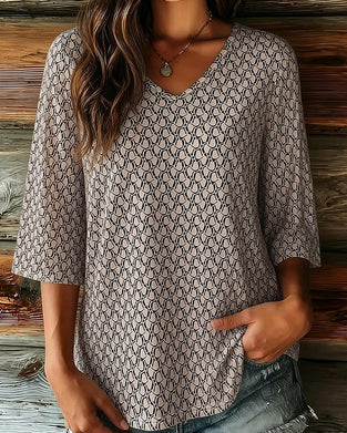 Blus V-Hals Halvlång Ärm Casual