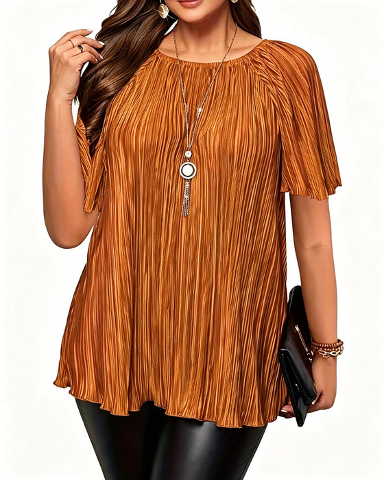 T-Shirt Plus Size Solid Veckad Kort Ärm