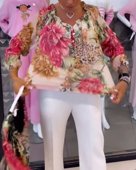 Blus Med V-Ringad Blommönster