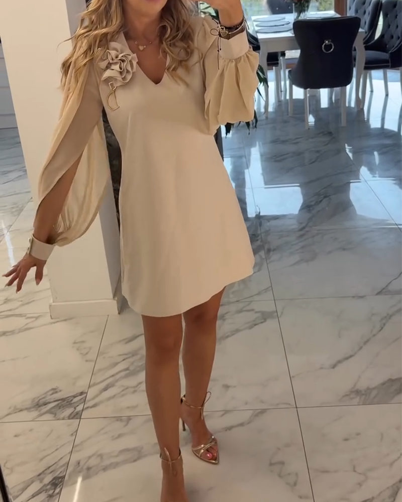 Klänning Tredimensionell Blomma V-ringning Lykta Ärm