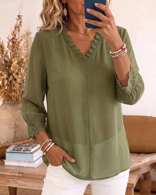 Blus V-Hals Ruffle Spets Patchwork
