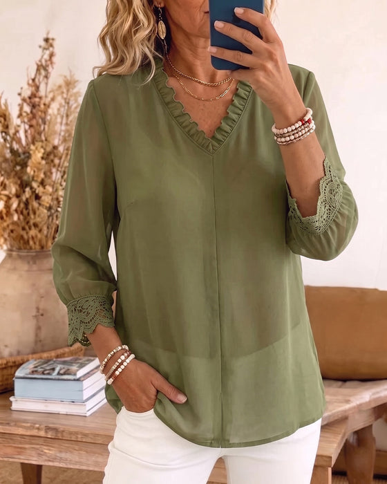 Blus V-Hals Ruffle Spets Patchwork