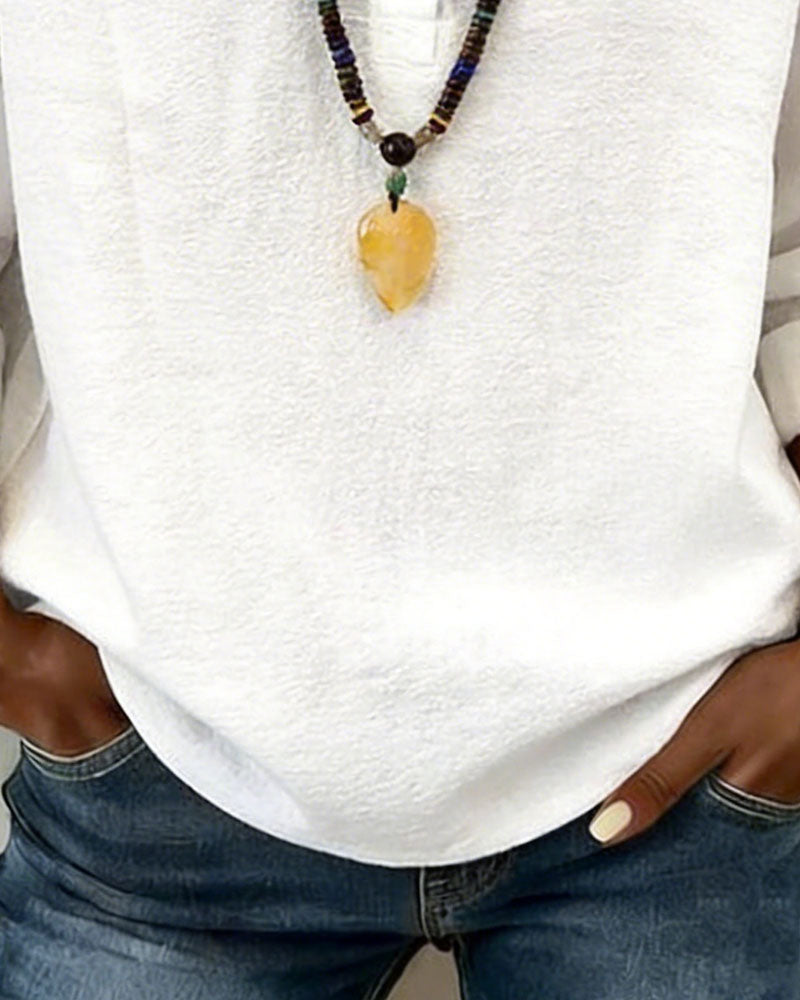 Blus Rund Halsringning Knäppning Lång Ärm