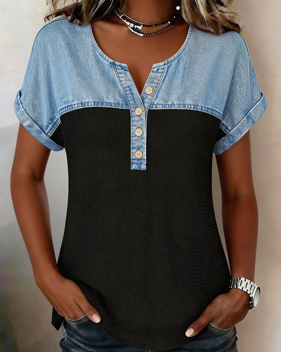 Blus Denim Patchwork Kort Ärm