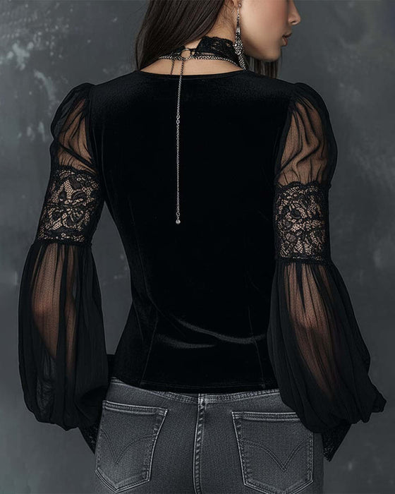 Blus Knapp I Halv V-Ringad Puffärm