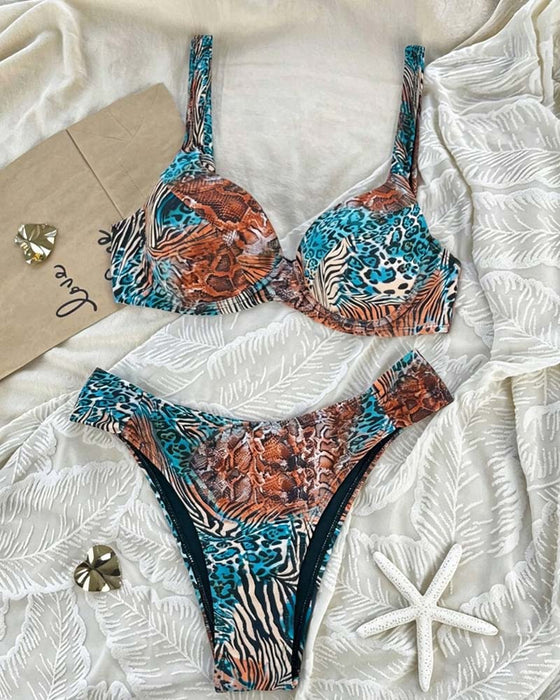 Bikini Leopard Tryck Färgblock Spagettiband
