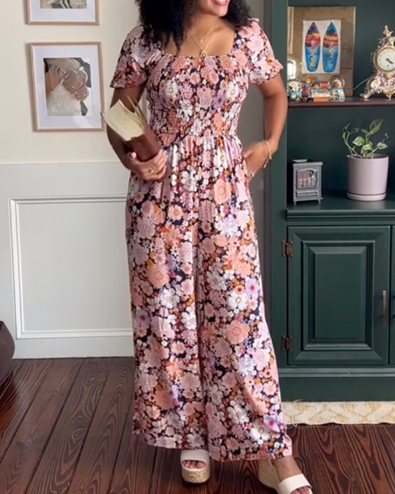 Hoppdräkt Fyrkantig Halsringning Blommig Rynkad