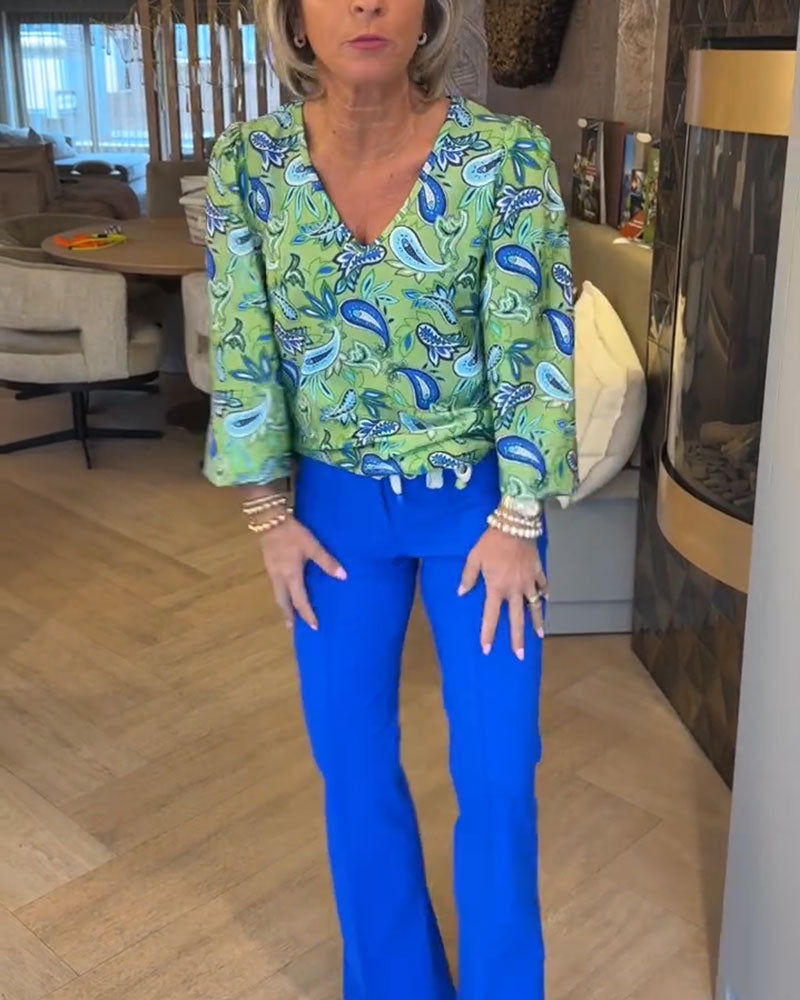 Topp Vattendroppstryck Långärmad V-Ringad