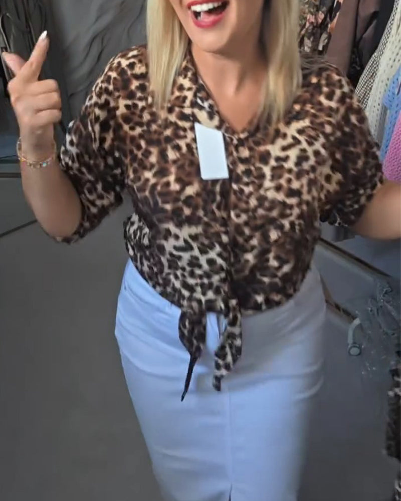 Blousa Snörning V‑hals Leopard