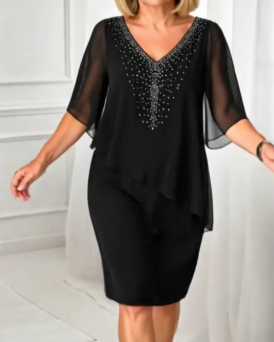Klänning Casual V-Hals Rhinestone