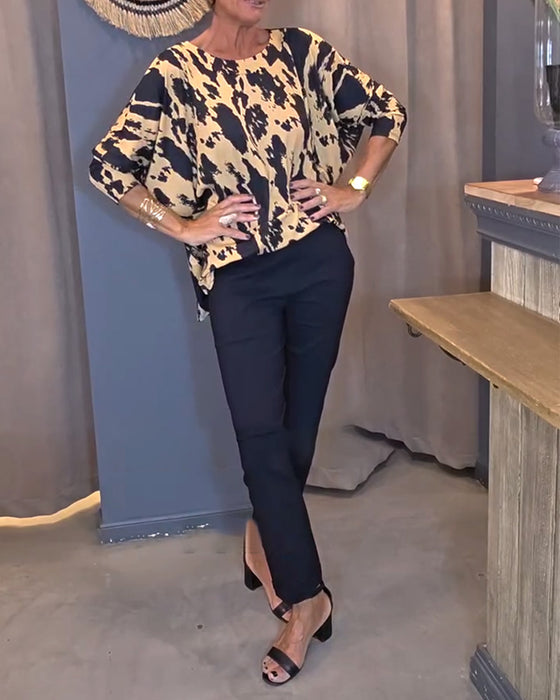 Blus Rund Hals Tryckt Slits