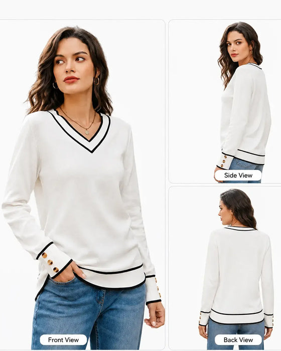 Pullover Med Färgblock V-Hals Och Tryckknappar