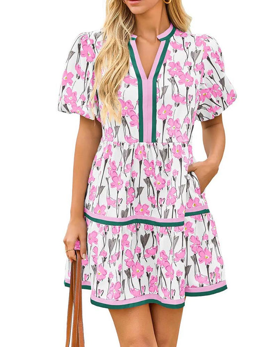 Klänning V-Hals Blommig Bubbla Ärm Patchwork