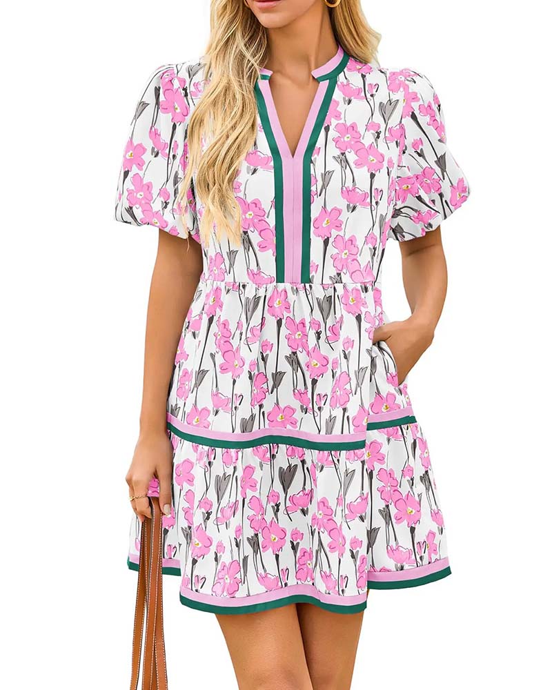 Klänning V-Hals Blommig Bubbla Ärm Patchwork