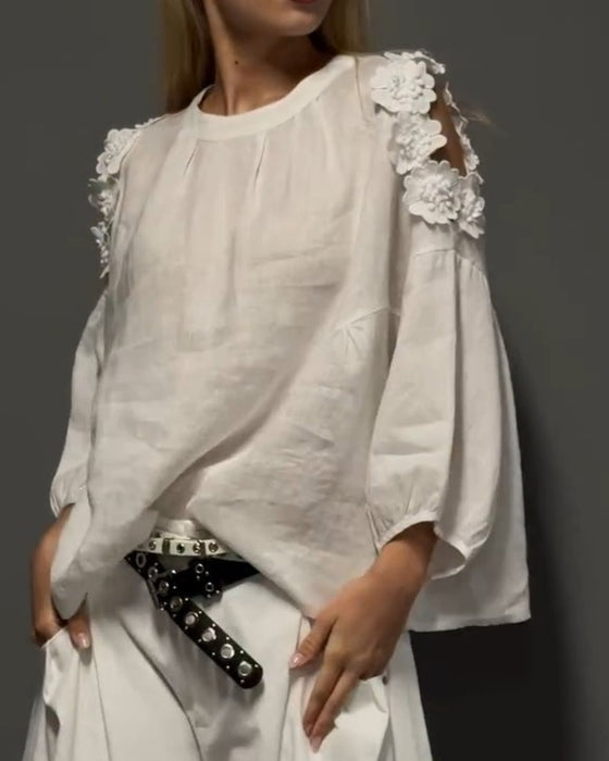 Blusar Rundhals Utskärning Off-Shoulder 3D Blommig