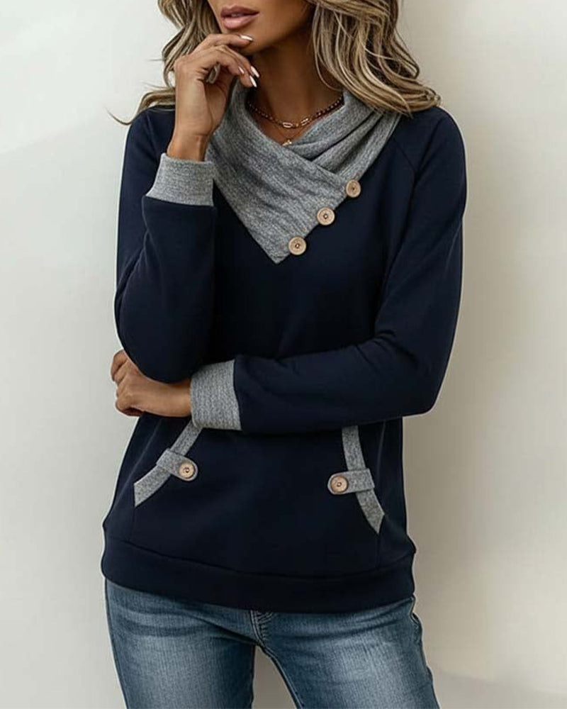 Färgblockad Topp Med Sned Krage