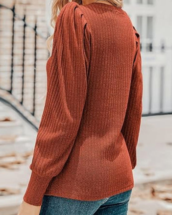 V-ringad enfärgad långärmad topp