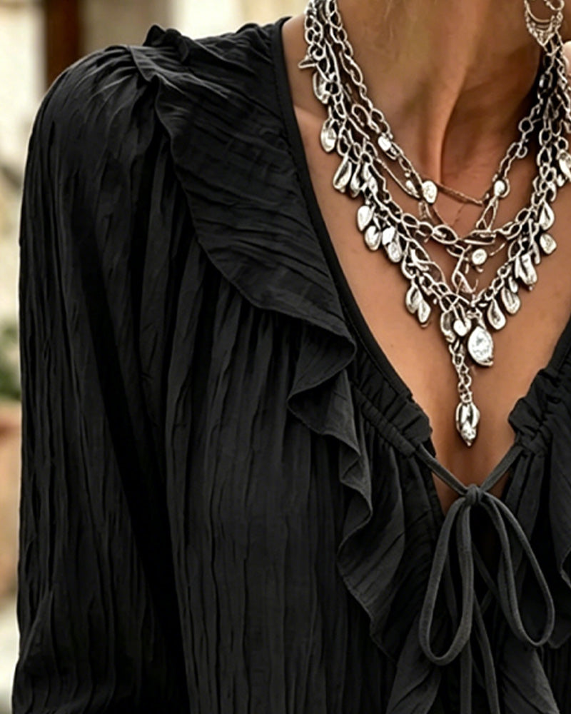 Blus Ruffle Trim Snörning Lång Ärm