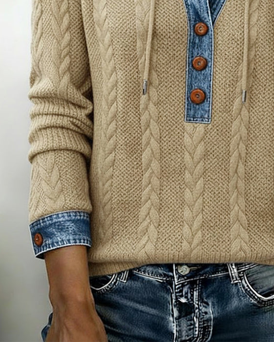 Färgblockad Långärmad Hoodie Med Knappar