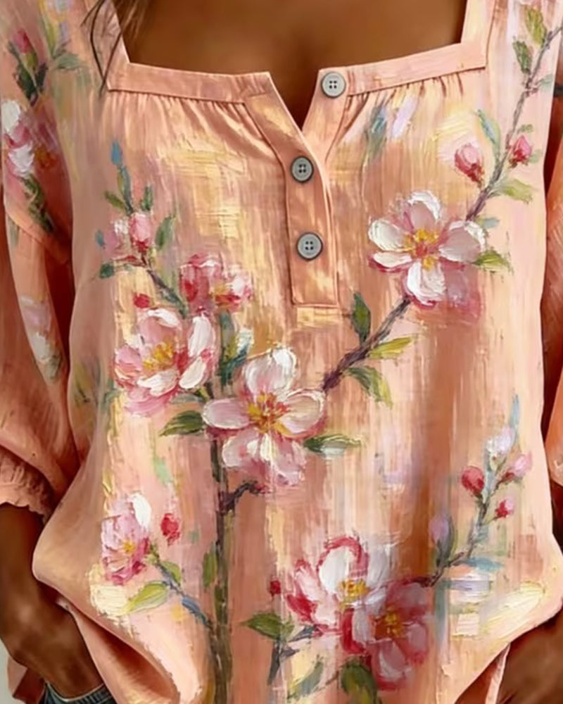 Blus Blommigt Print Fyrkantig Halsringning