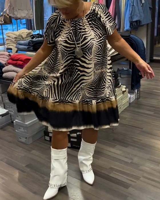 Klänning Lös Rund Hals Kort Ärm Tryckt