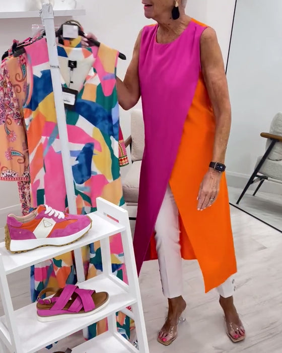 Blus Ärmlös Kontrastfärg Slits Lång