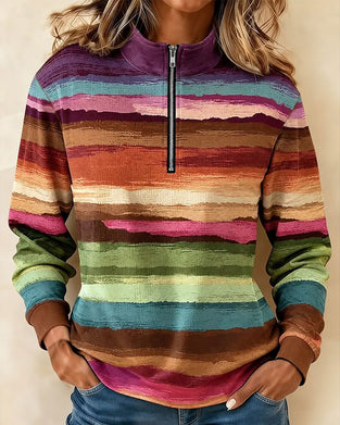 Sweatshirt Vintage Färgglad Randig Halv Dragkedja Ståndkrage Lång Ärm