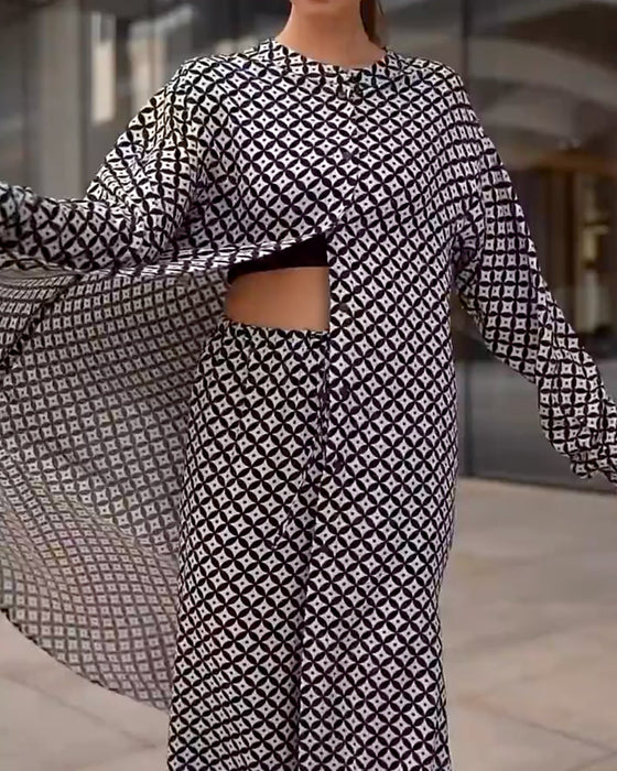 Set Geometrisk Print Långa Blusar Med Vida Byxor