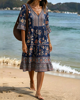 Klänning V-Hals Etnisk Blommig Patchwork
