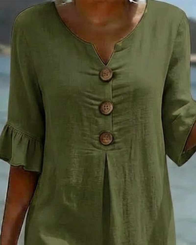 Klänning Knapp Rynkad Ärm 100% Bomull