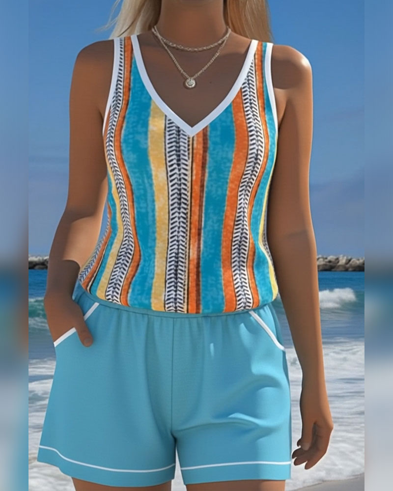 Tankini Badkläder V-Ringning Tryckt