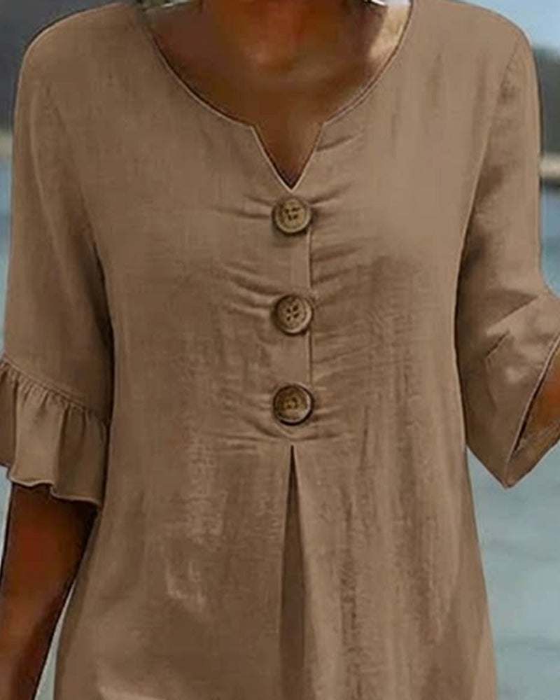 Klänning Knapp Rynkad Ärm 100% Bomull