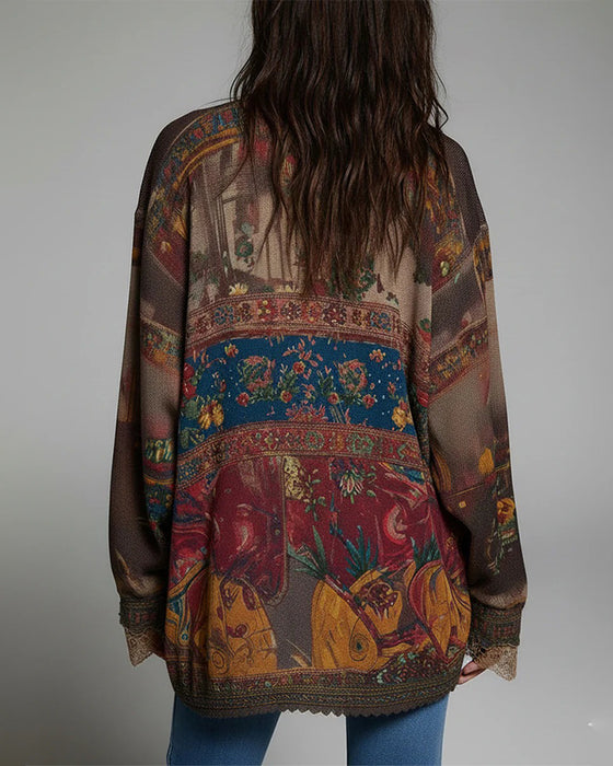 Blus Spetsinslag Blomtryck