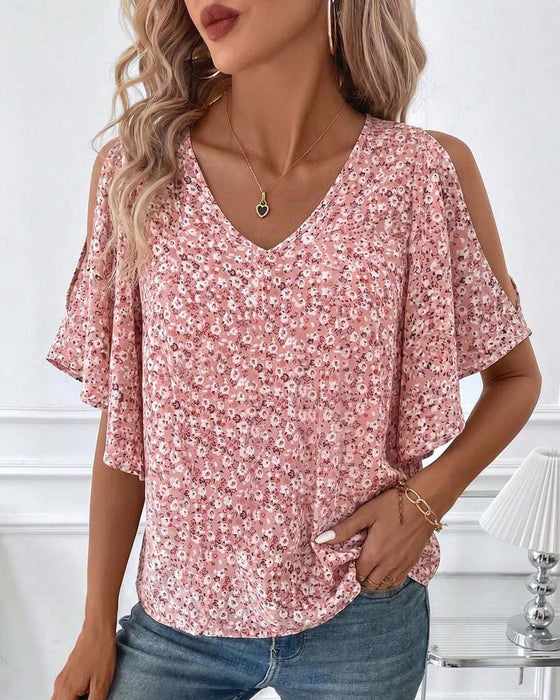 Blus V-Hals Blommig Off-Shoulder Fladder Ärm