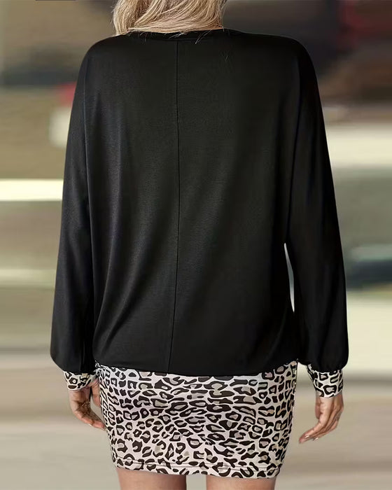 Klänning Runt Leopard Patchwork Lång Ärm