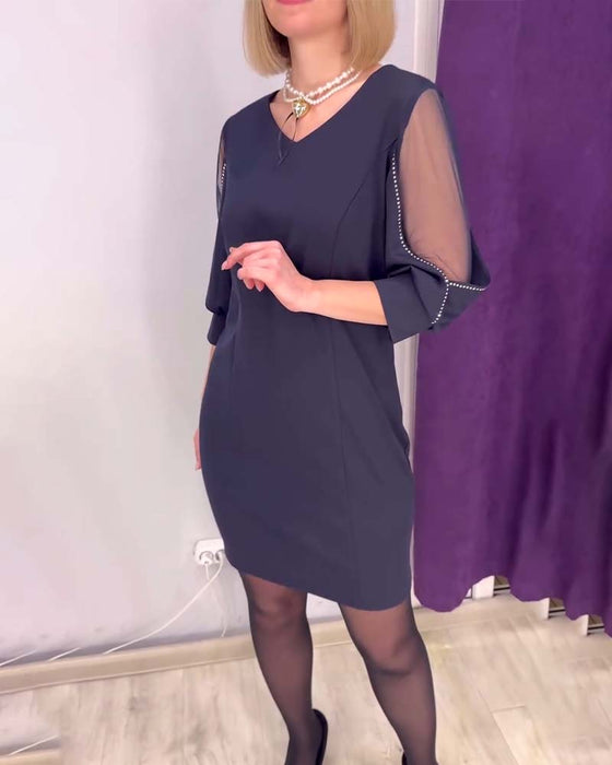 Klänning Halvärmad V-ringning Rhinestone Sömnad