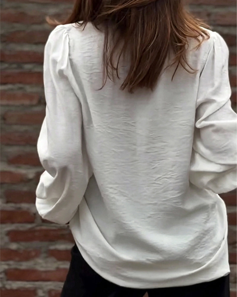 Blus V-Hals Knapp Fram Ruffle Puffärm