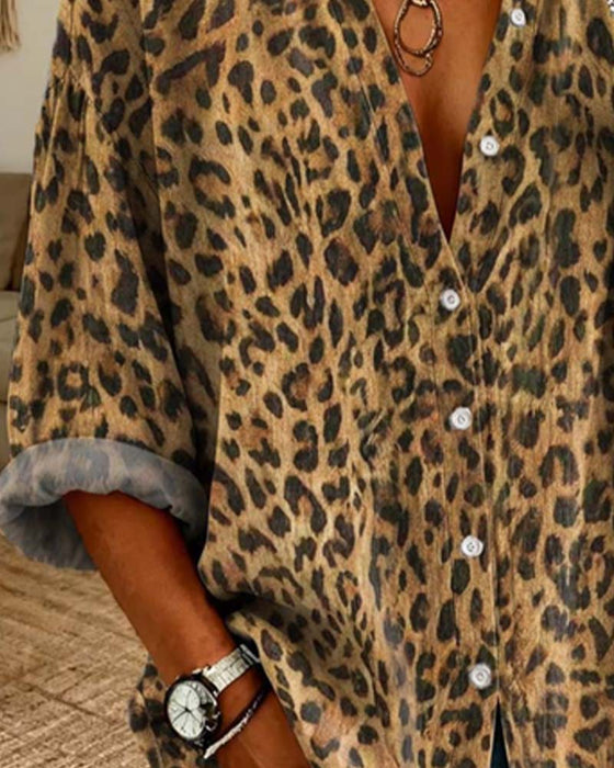 Skjorta V-Hals Knapp Leopard Lång Ärm