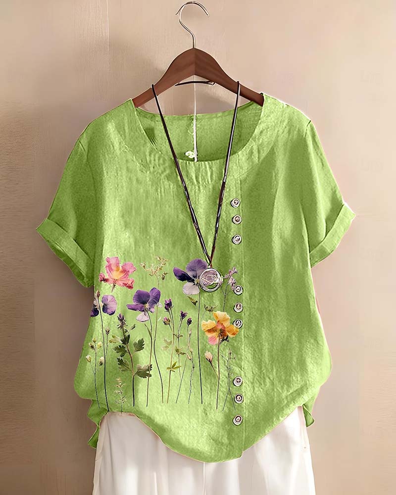 T-Shirt Blommig Tryck Runt Halsringning Kort Ärm