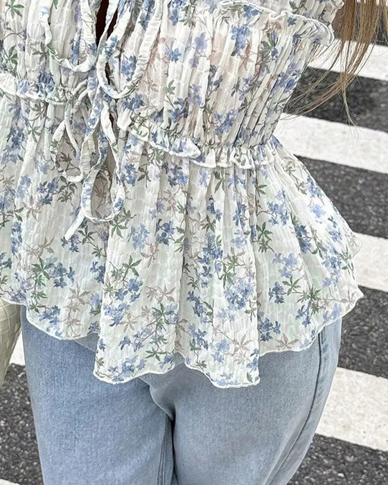 Blus Blommig Flutter Ärm V-Hals Knytning