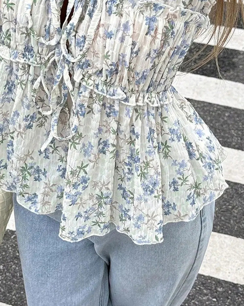 Blus Blommig Flutter Ärm V-Hals Knytning