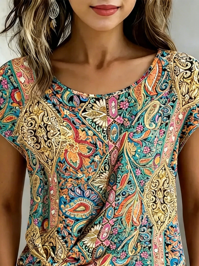 Blus Print Kortärmad Knyt Fram