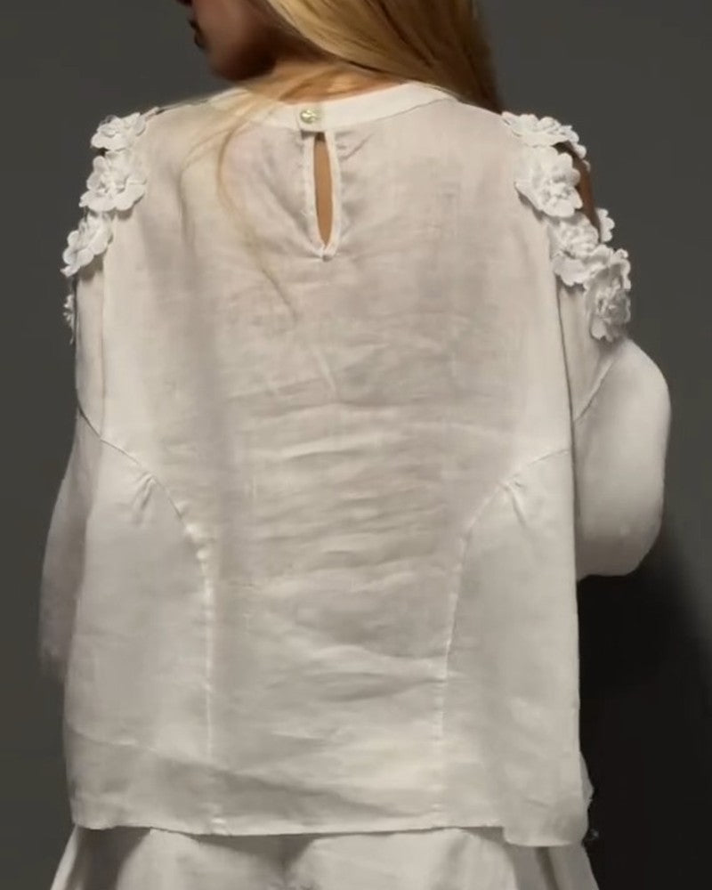 Blusar Rundhals Utskärning Off-Shoulder 3D Blommig