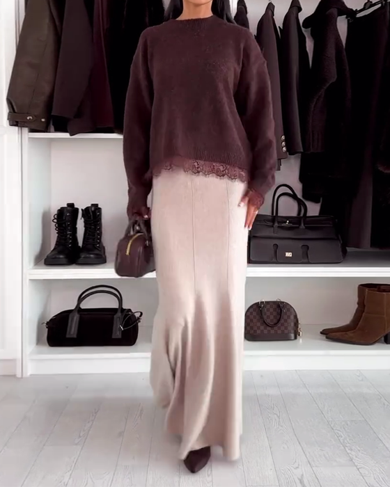 Pullover Med Spetspanel Och Rund Hals