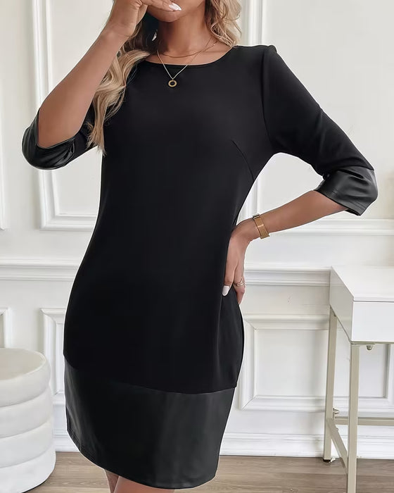 Klänning Pu Läder Patchwork Rund Hals