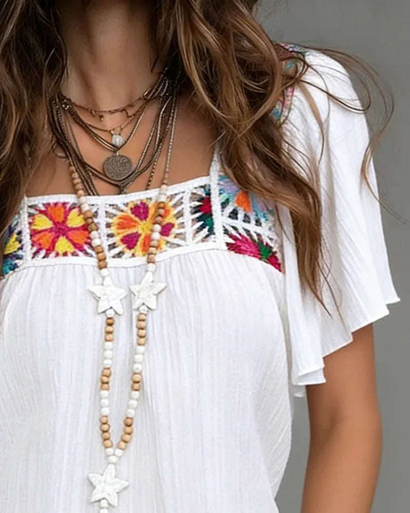 Färgglad Kortärmad Blus Med Fyrkantskrage